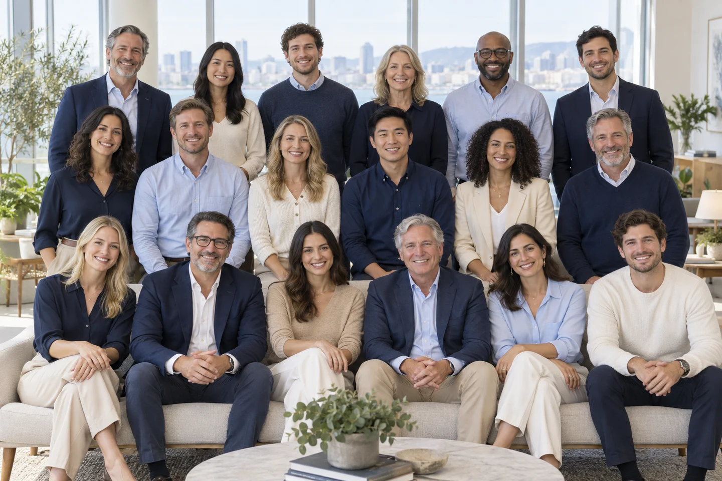 Illustrative family-style portrait of eighteen adults in a bright office lounge